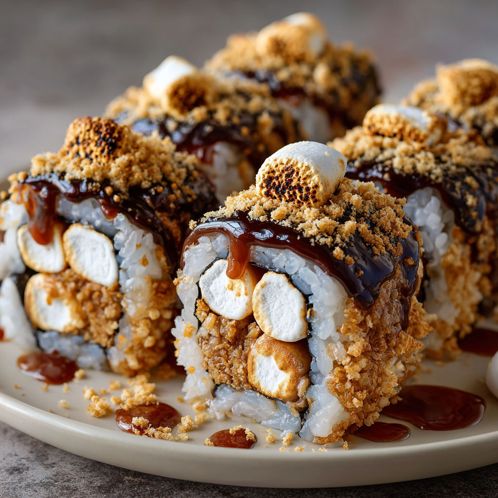 A plate of S'mores Sushi, a dessert made with marshmallows and chocolate sauce, is presented on a table.