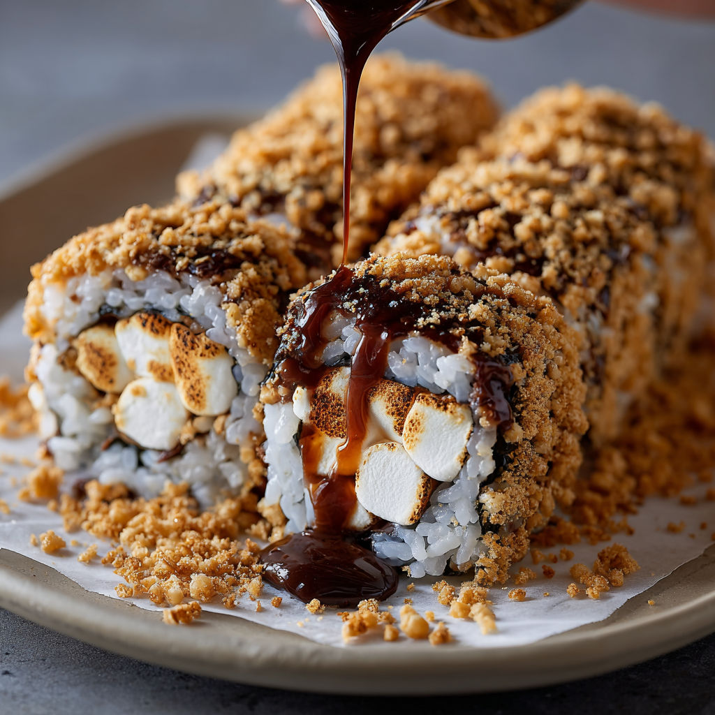 A plate of sushi rolls with chocolate drizzled on top, likely a dessert version of the traditional roll.