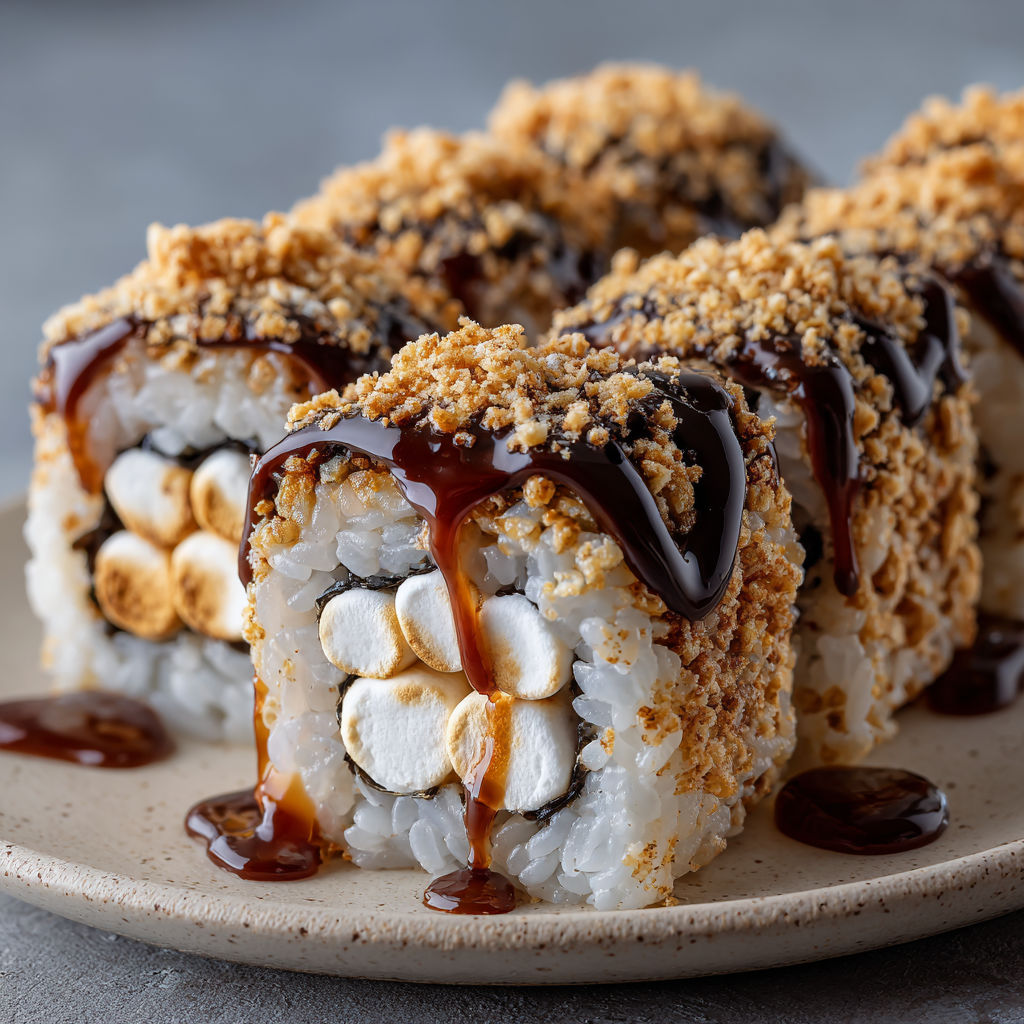 A plate of sushi with marshmallows and chocolate sauce on top.