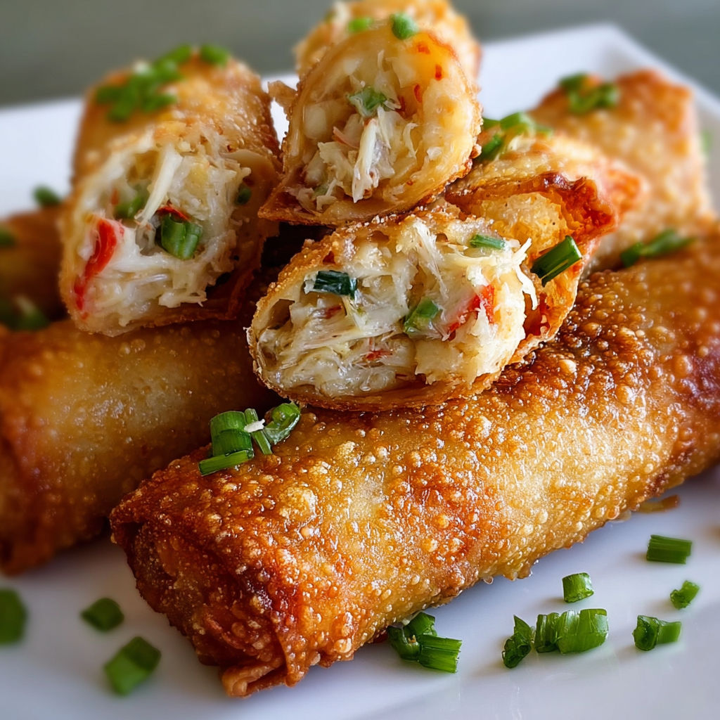 A plate of Crab Cake Egg Rolls, with some pieces of crab cake and green onions.