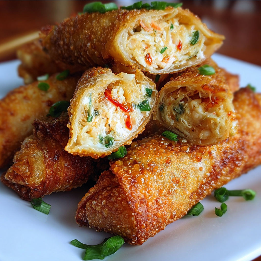 A plate of Crab Cake Egg Rolls is stacked on top of each other.