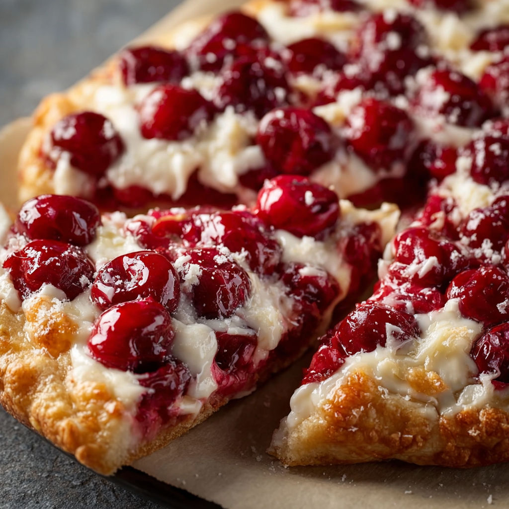A slice of Cherry Dessert Pizza with white cheese and cherries on top.