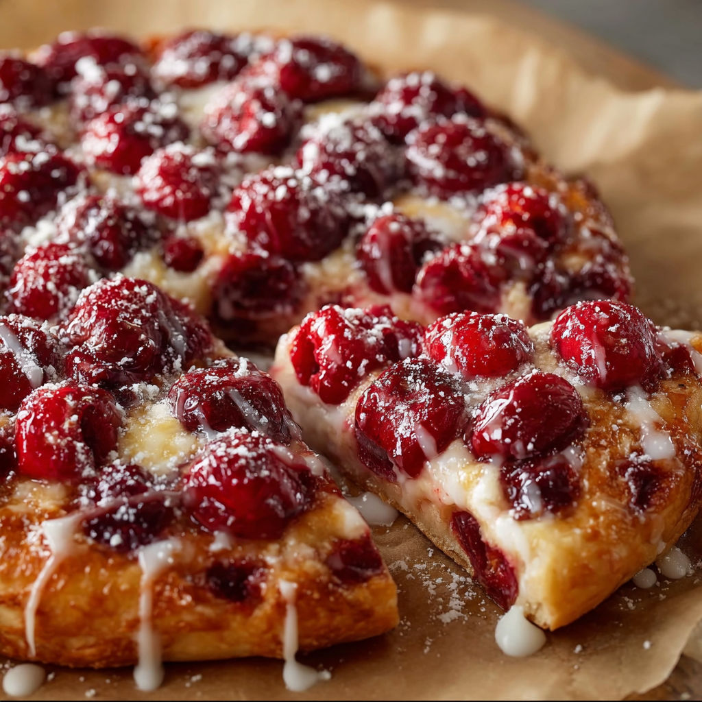 A slice of cranberry apple pie with white icing.