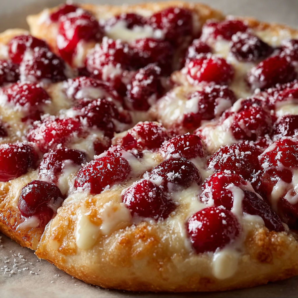 A close up of a delicious pizza with a white sauce and red berries on top.