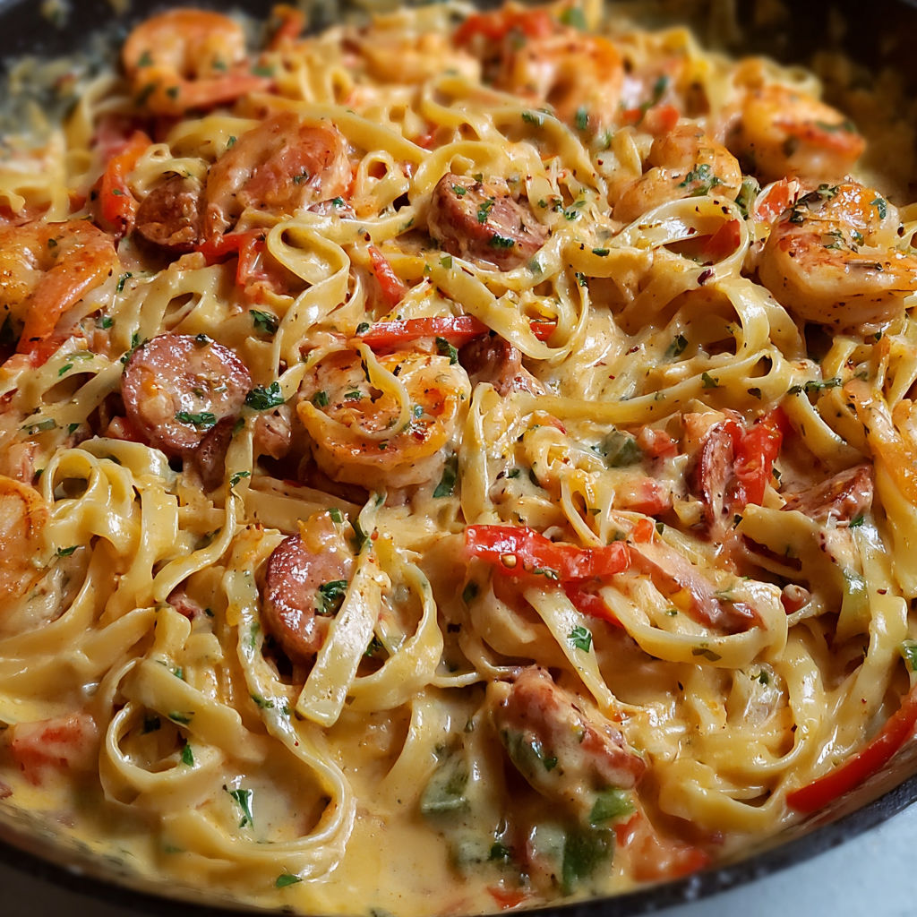 A delicious pasta dish with shrimp, peppers, and spices, served in a bowl.