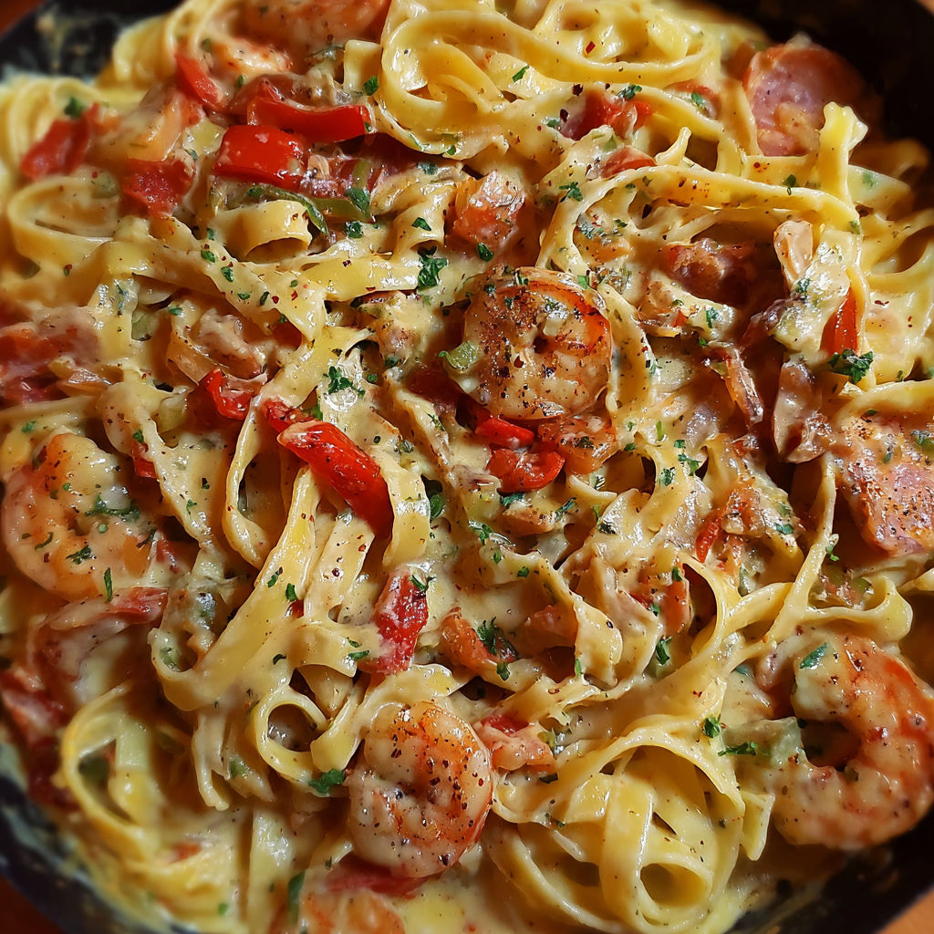 A delicious pasta dish with shrimp and tomatoes, served in a bowl.