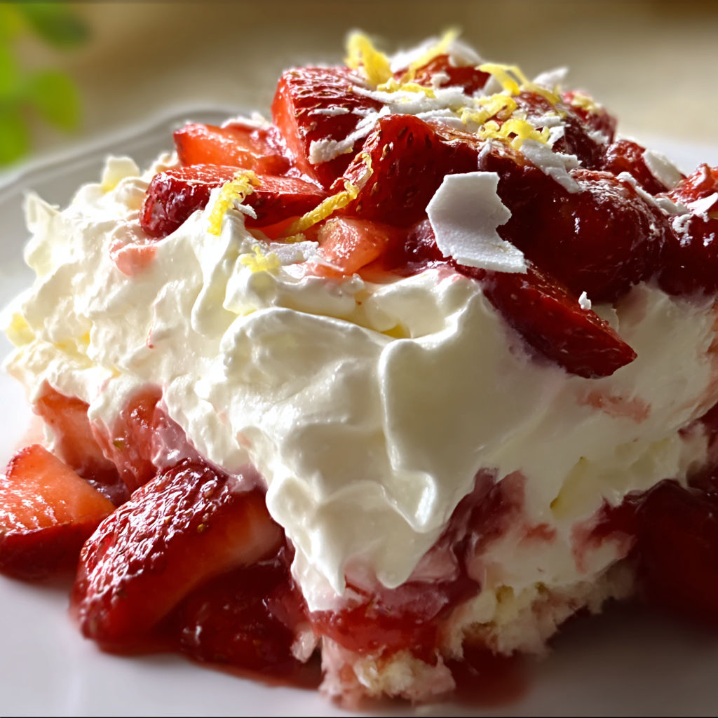 A white plate with a dessert made of strawberries and whipped cream.