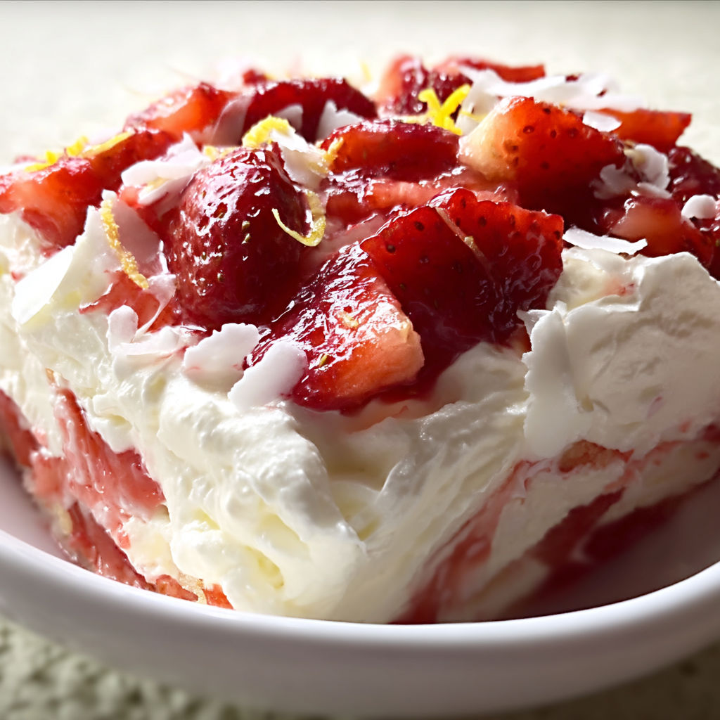A bowl of strawberry shortcake with whipped cream and strawberries on top.