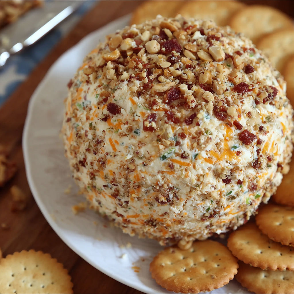 A plate of food with a cheese ball and crackers.