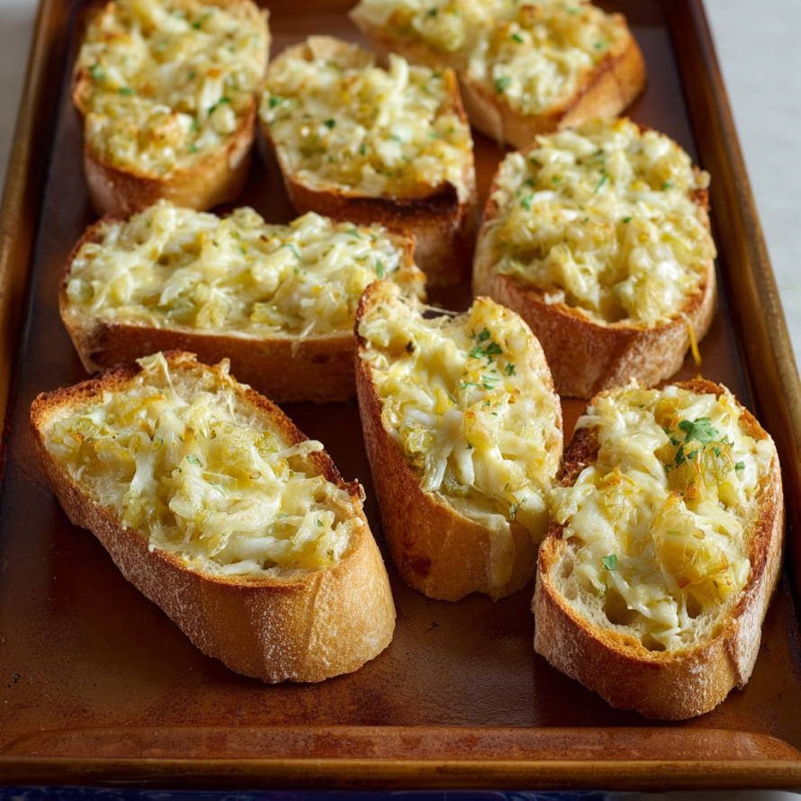 A tray of bread slices with a creamy filling, possibly crab cakes, is displayed on a wooden tray.