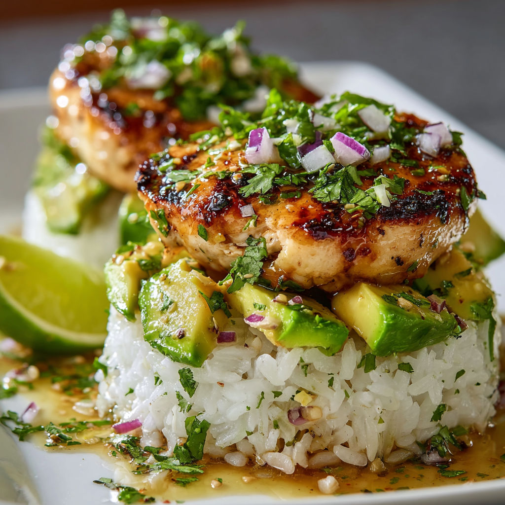 A delicious Honey Lime Chicken & Avocado Rice Stack is served on a plate.