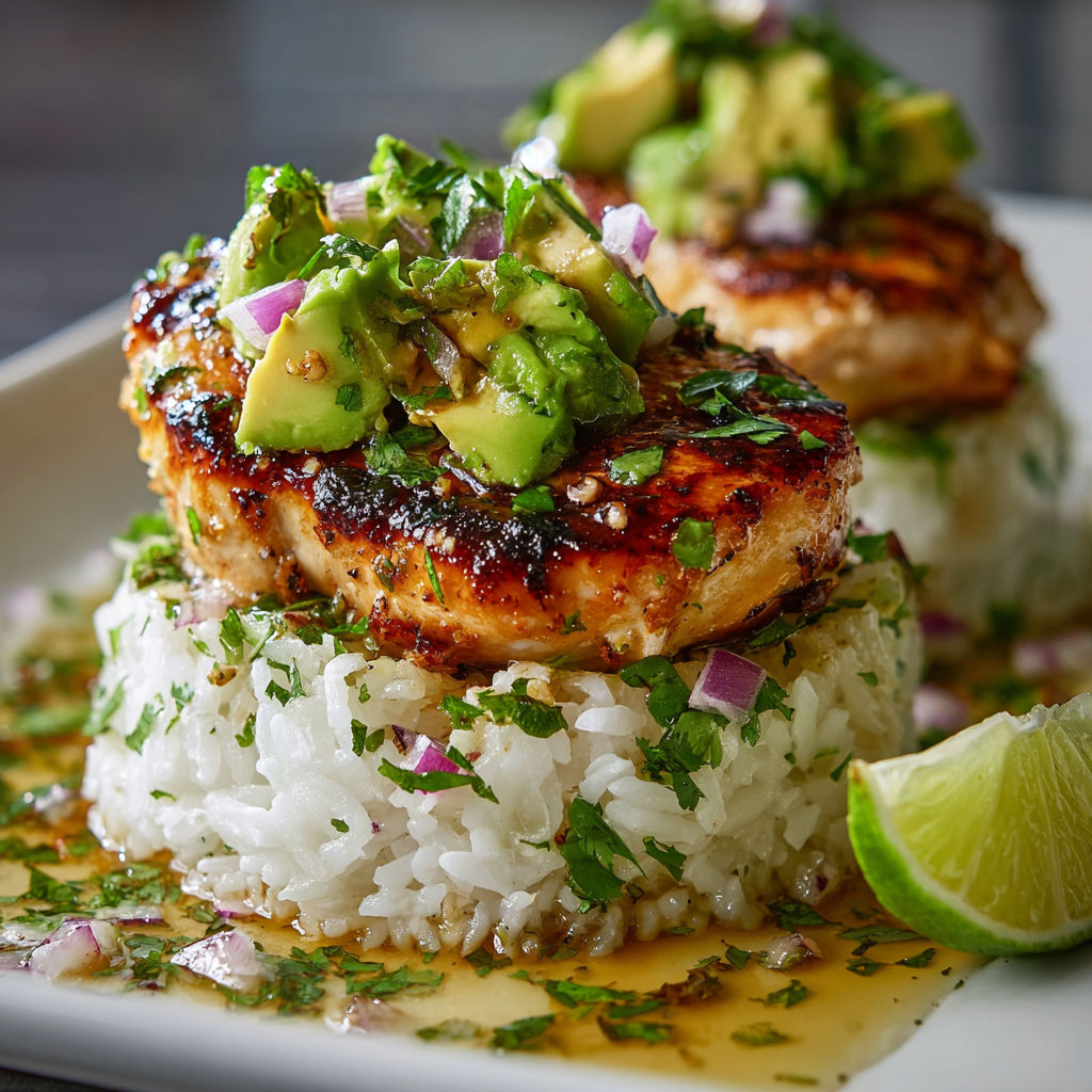 A delicious Honey Lime Chicken & Avocado Rice Stack is served on a white plate.