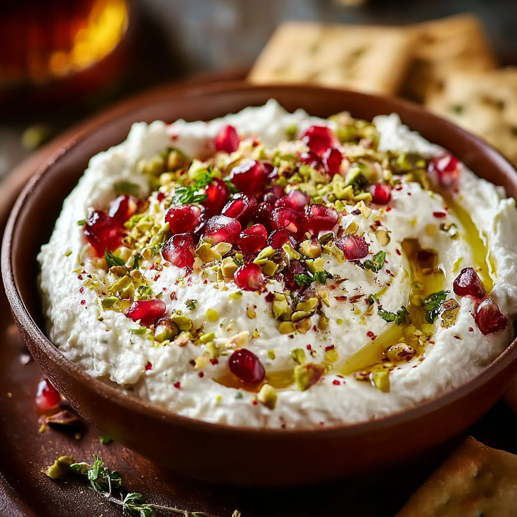 A bowl of whipped feta dip with pomegranate and pistachio toppings.