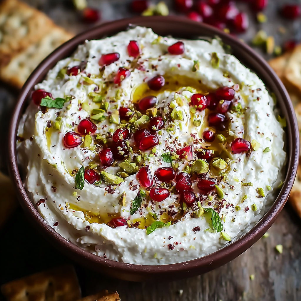 A bowl of white cream with red pomegranate seeds and pistachio nuts on a wooden table.