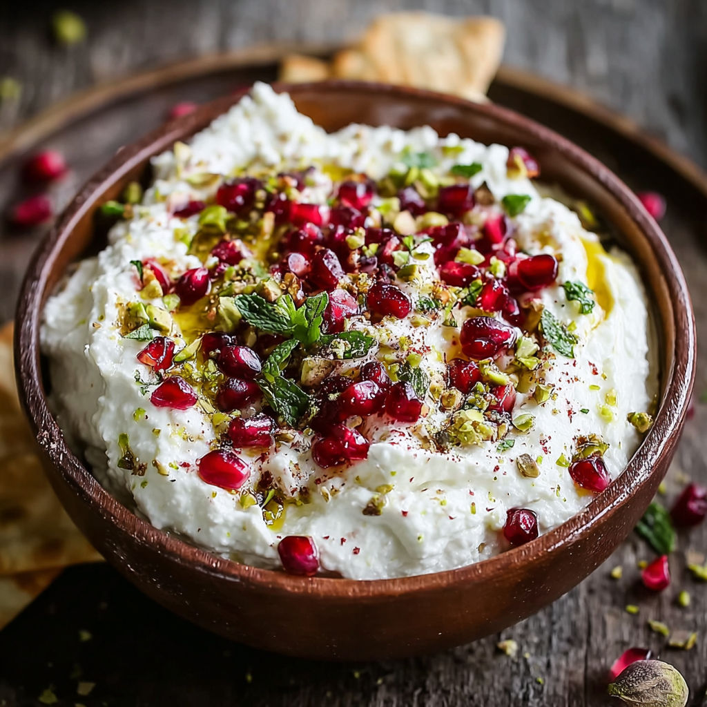 A bowl of white dip with pomegranate seeds and mint on top.