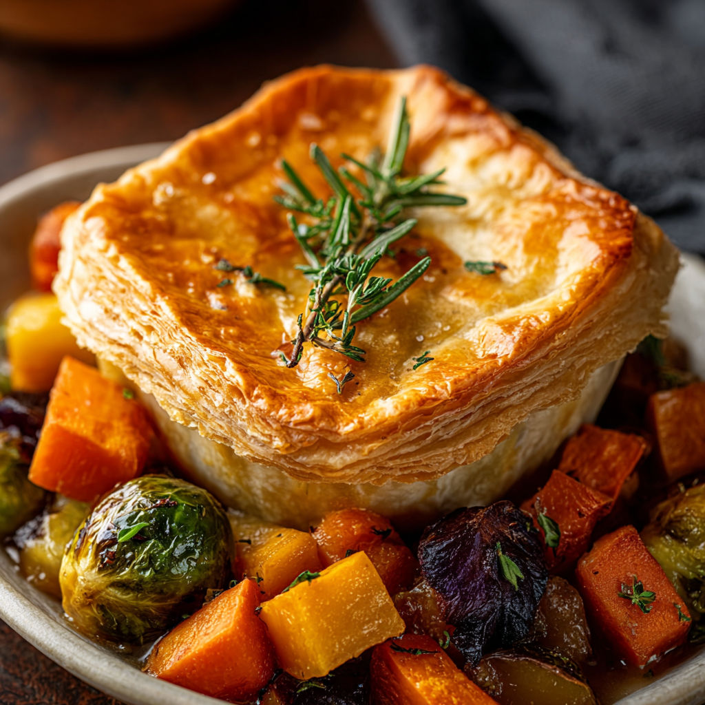 A delicious Roasted Autumn Vegetable Pot Pie is served in a bowl.