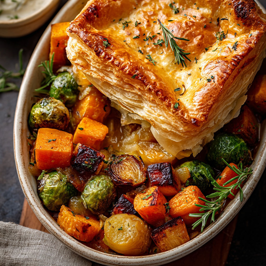 A delicious Roasted Autumn Vegetable Pot Pie is served in a bowl, ready to be enjoyed.