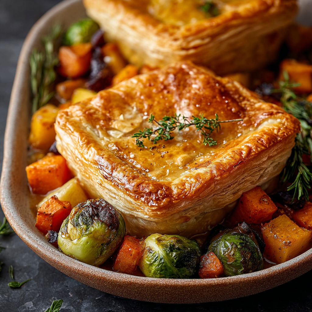 Two delicious looking Roasted Autumn Vegetable Pot Pies, filled with a variety of vegetables, are served in a bowl.