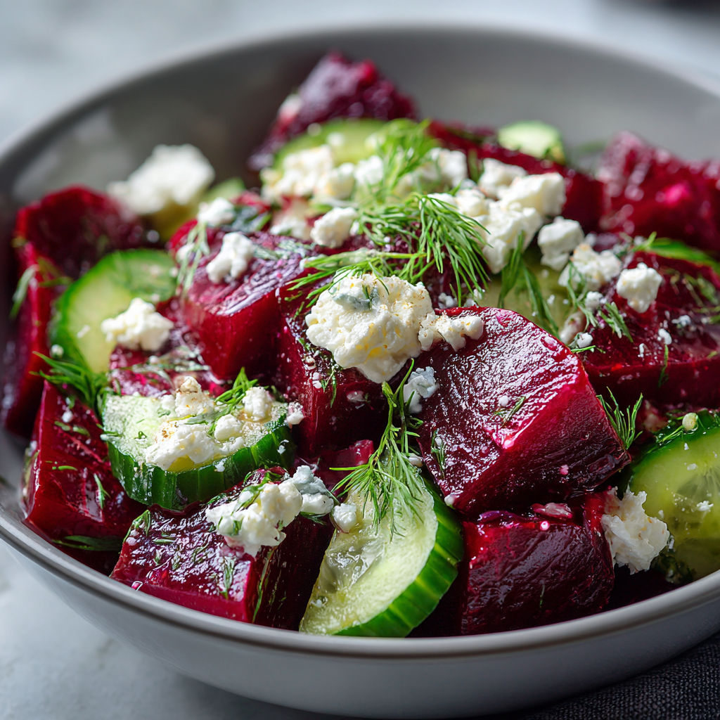 A bowl of beet salad with cucumbers and feta cheese.