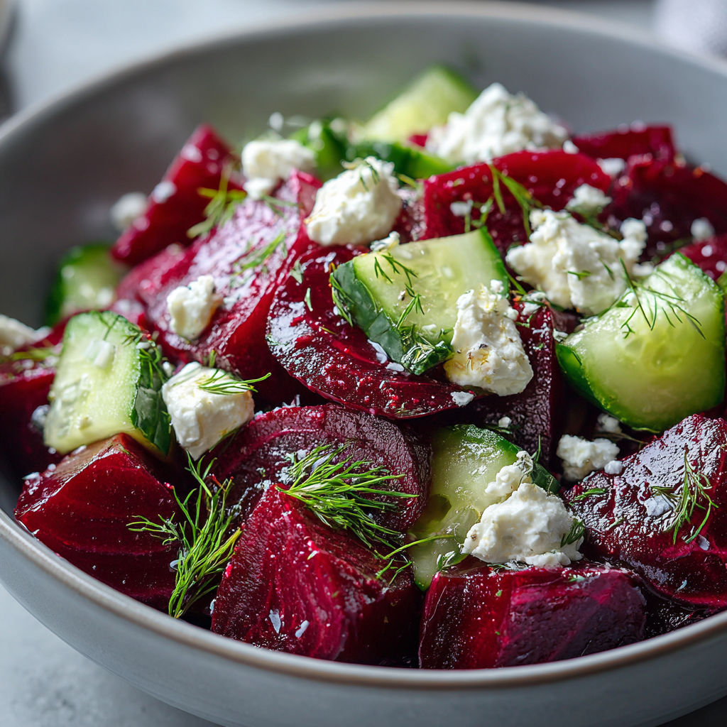 A bowl of vegetables, including red beets, cucumbers, and feta cheese, is displayed on a table.