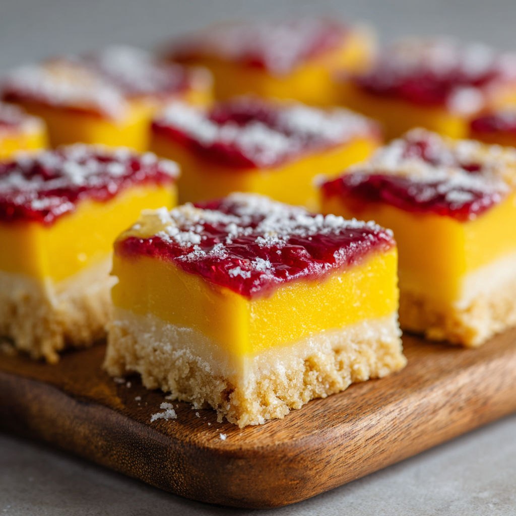 A delicious dessert made with raspberry and mango flavors, served on a wooden platter.