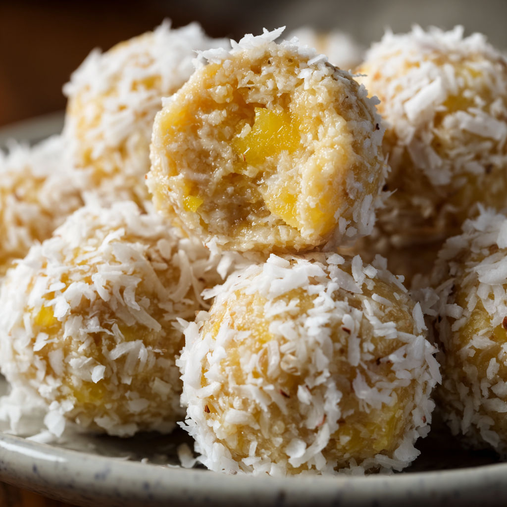 A plate of coconut and pineapple balls, a delicious and tropical dessert.