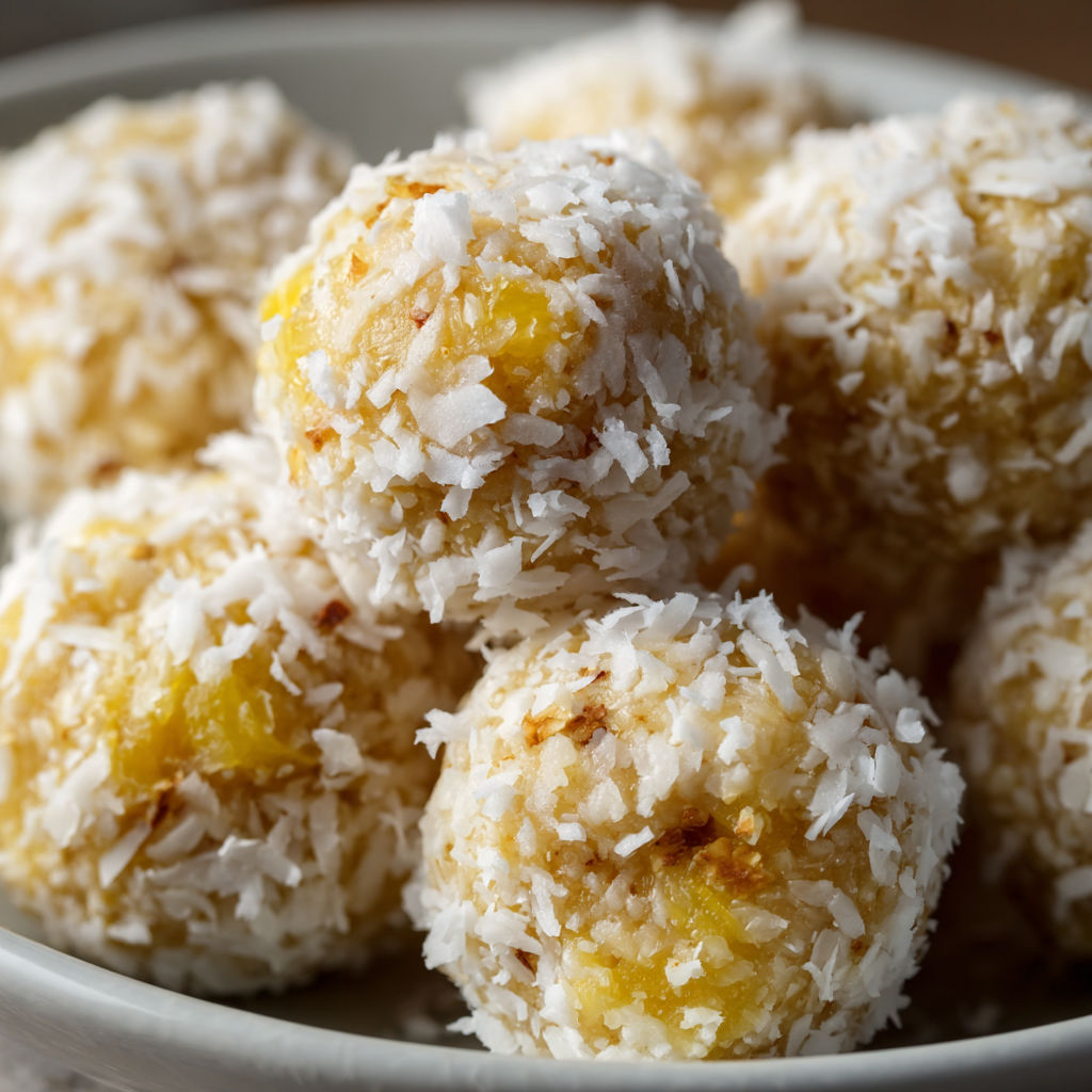 A bowl filled with coconut balls, likely a dessert or snack, is presented on a table.