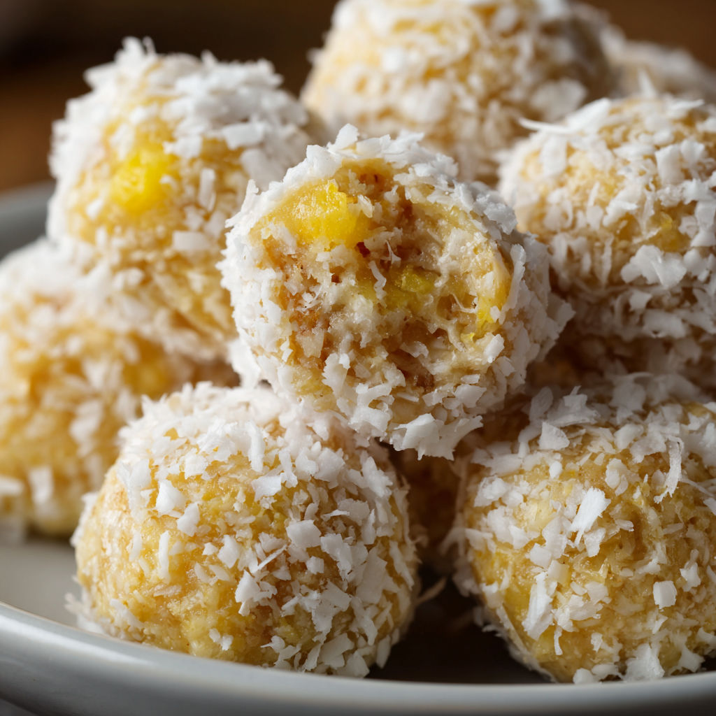 A plate of coconut balls with a yellow filling, possibly a pineapple upside down cake.