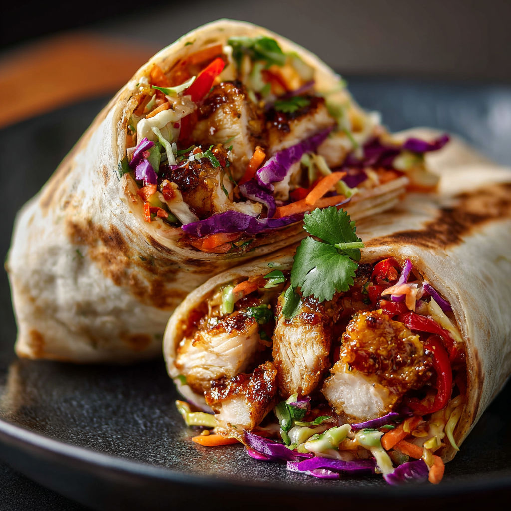 A Thai Chicken Wrap with Crunchy Asian Slaw is served on a black plate.
