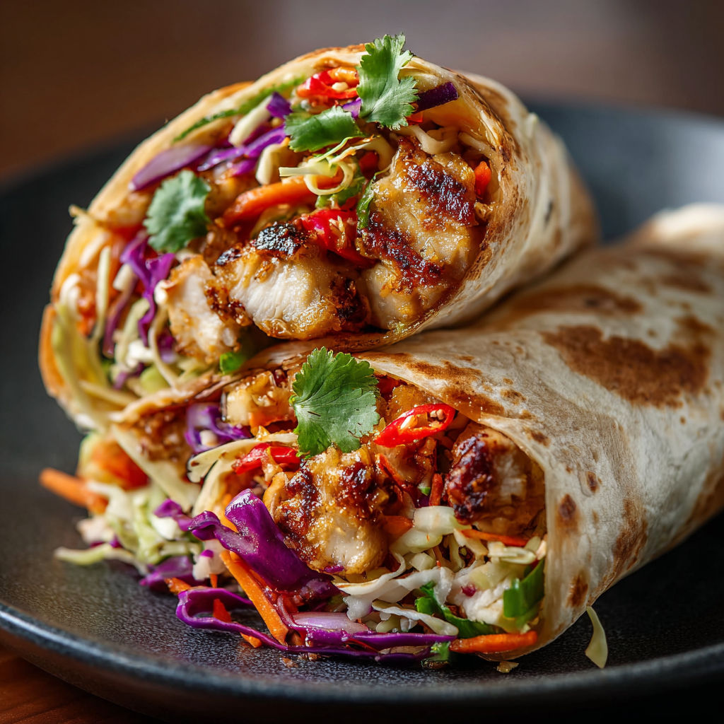 A delicious Asian wrap filled with chicken, vegetables, and spices, served on a black plate.