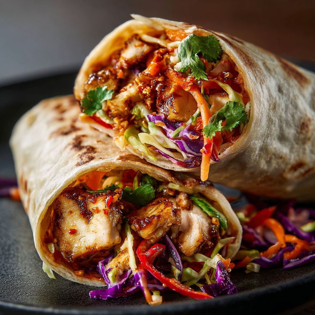 A delicious meal of chicken, vegetables, and sauce, wrapped in a tortilla, is served on a plate.