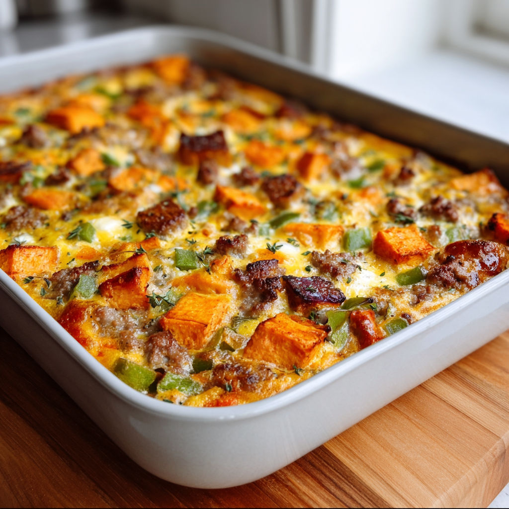 A delicious sweet potato and egg casserole in a pan.