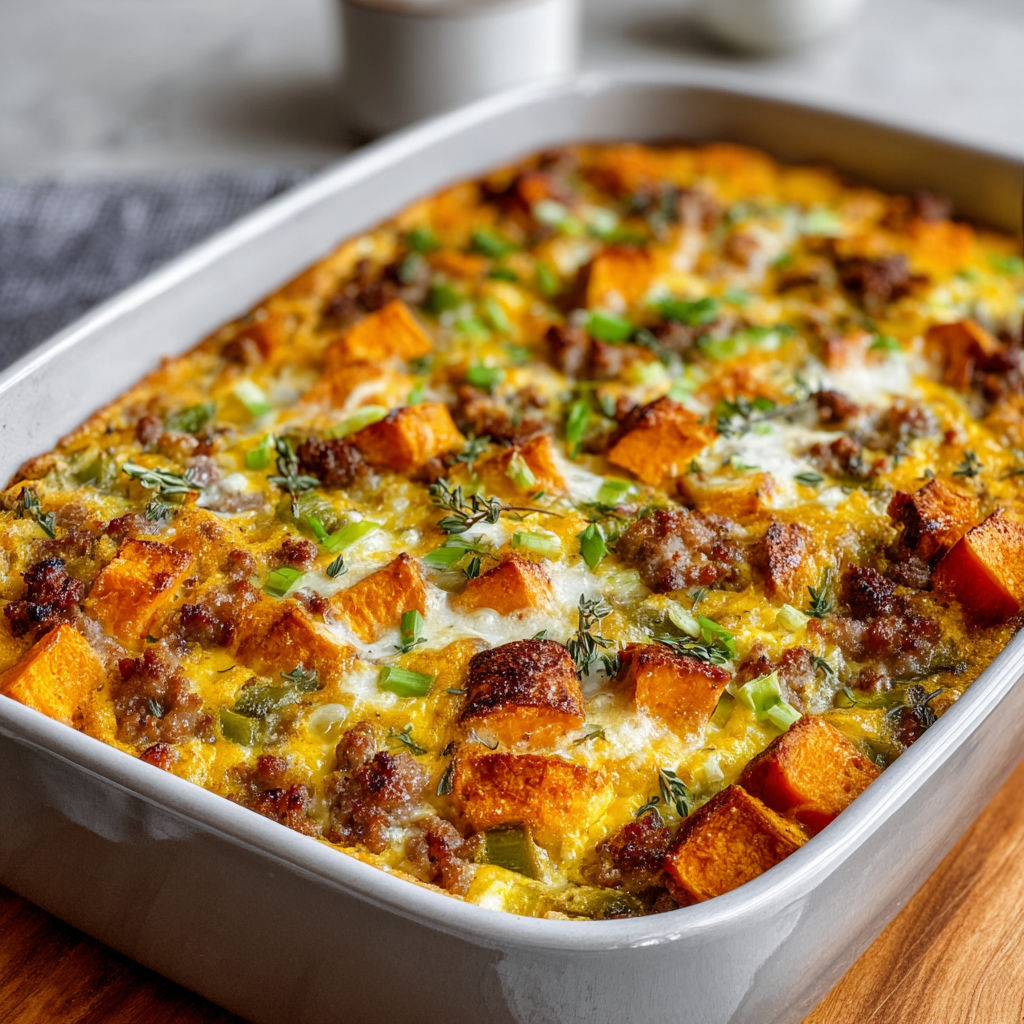 A delicious sweet potato and egg casserole in a white dish.