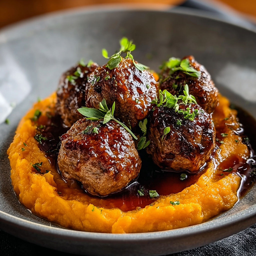 A plate of pork meatballs with a sweet potato mash and a bourbon-maple sauce.
