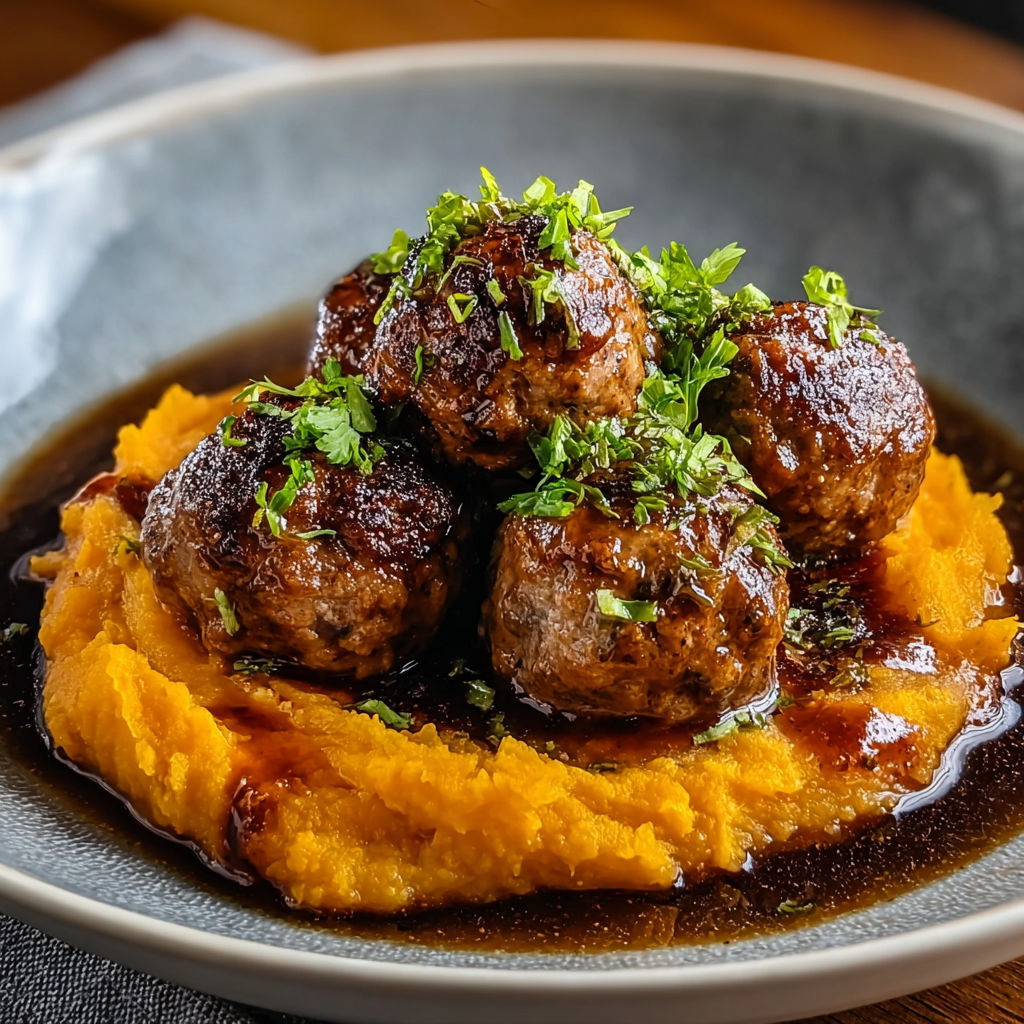 A plate of pork meatballs with a sweet potato mash and a bourbon-maple sauce.