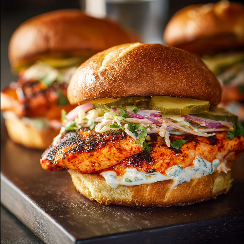 A close up of a chicken sandwich with lettuce, tomato, and pickles.