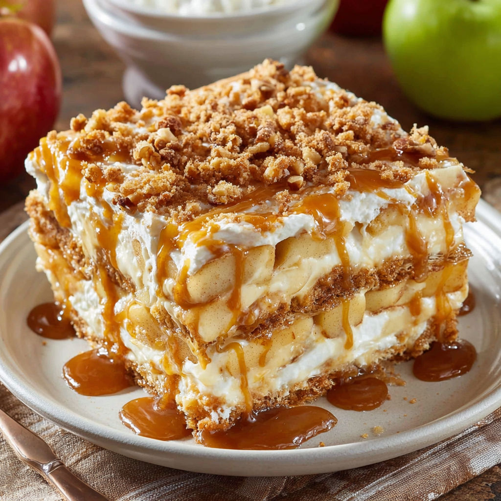 A slice of Caramel Apple Eclair Cake is served on a plate.