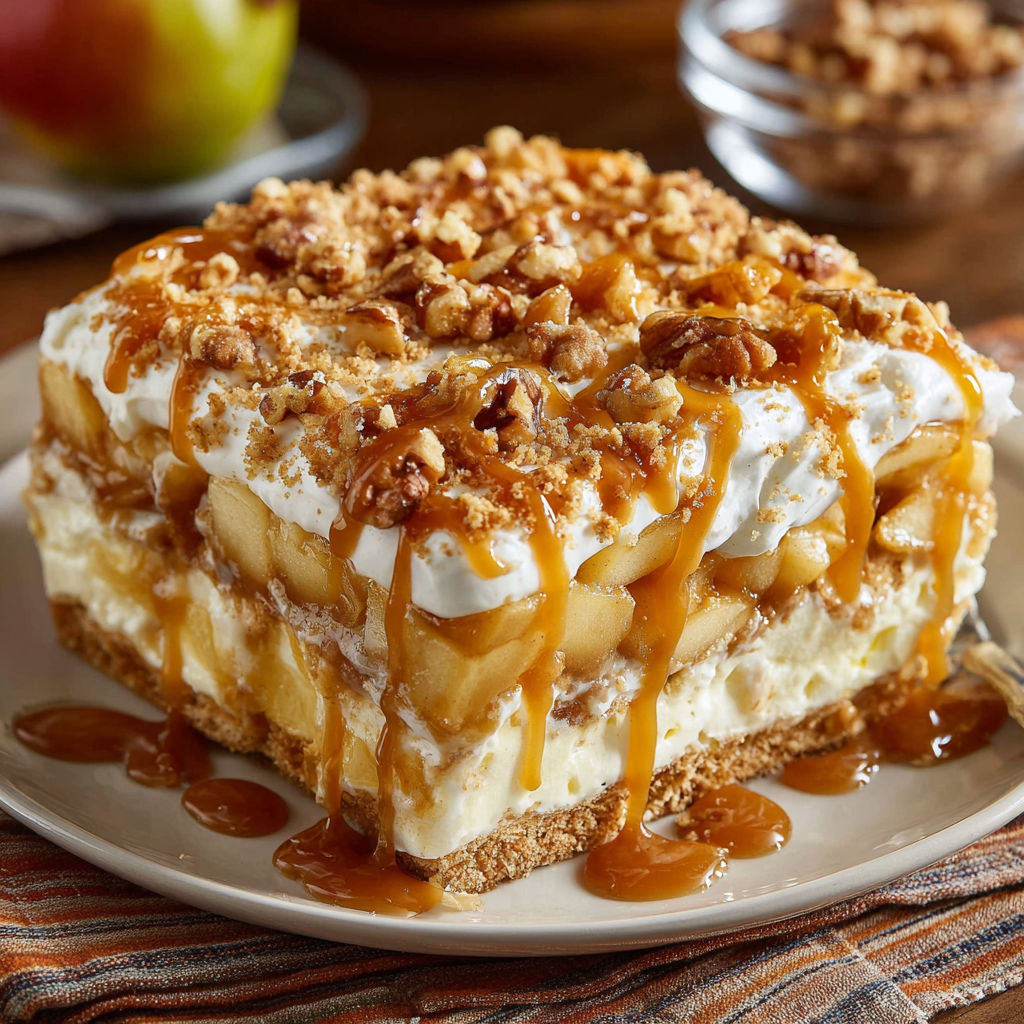 A slice of caramel apple pie with a drizzle of caramel sauce on top.