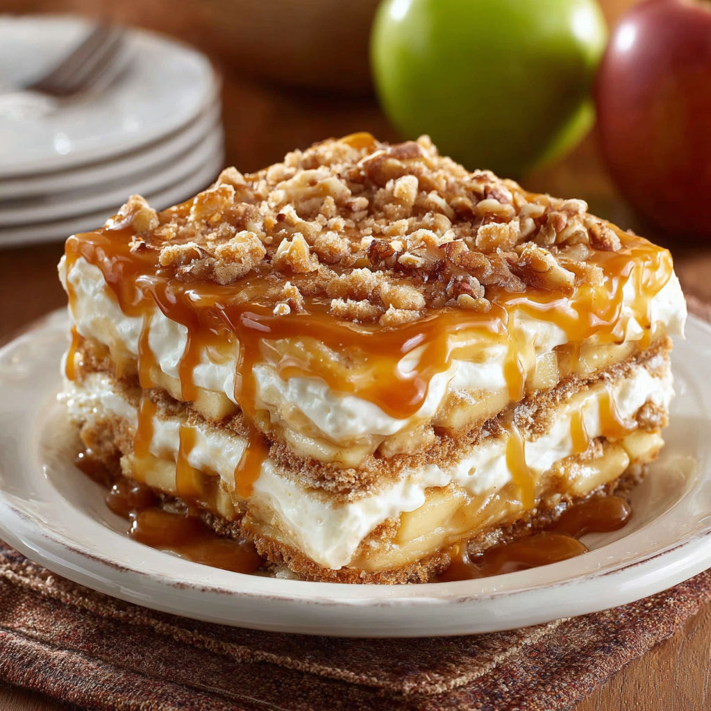 A delicious dessert made with layers of cake and caramel sauce, topped with walnuts.