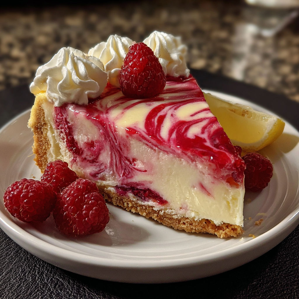 A slice of cheesecake with raspberries on top, served on a white plate.