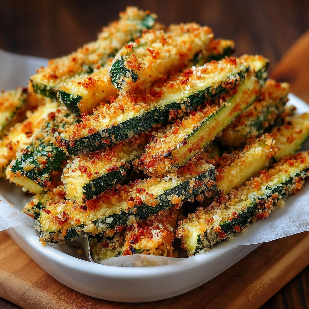 A bowl of breaded zucchini sticks with a spicy seasoning.