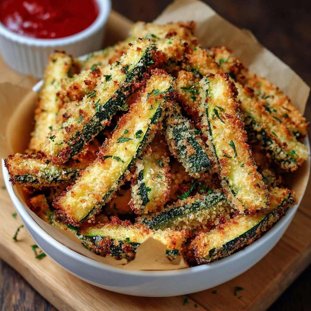 A bowl of crispy fried zucchini sticks with a side of marinara sauce.