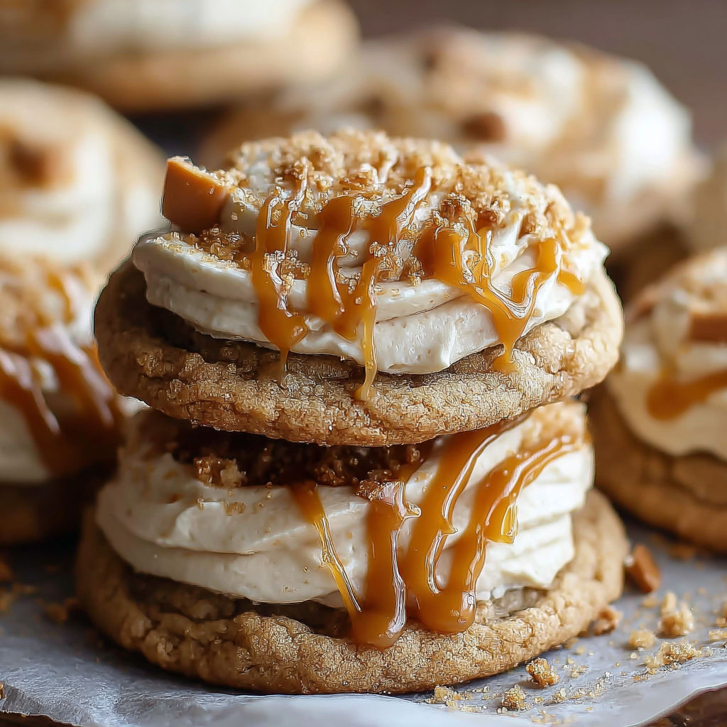 A stack of three cookies with caramel drizzle, reminiscent of the popular Harry Potter Butterbeer drink.