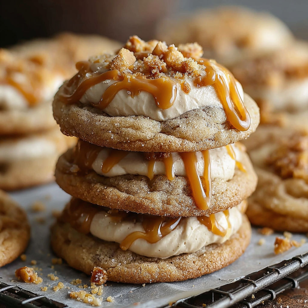 A stack of cookies with caramel drizzle on top.