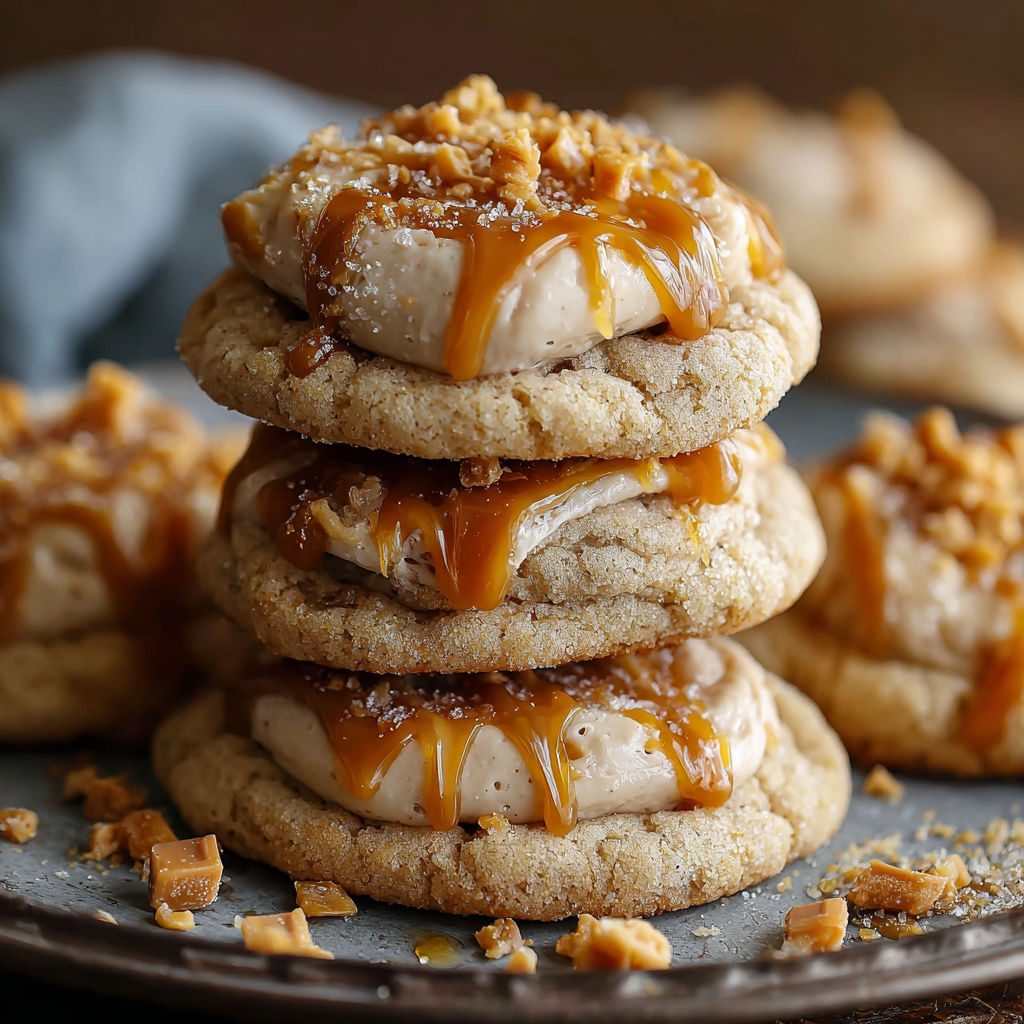 A stack of cookies with caramel drizzle and topped with whipped cream.