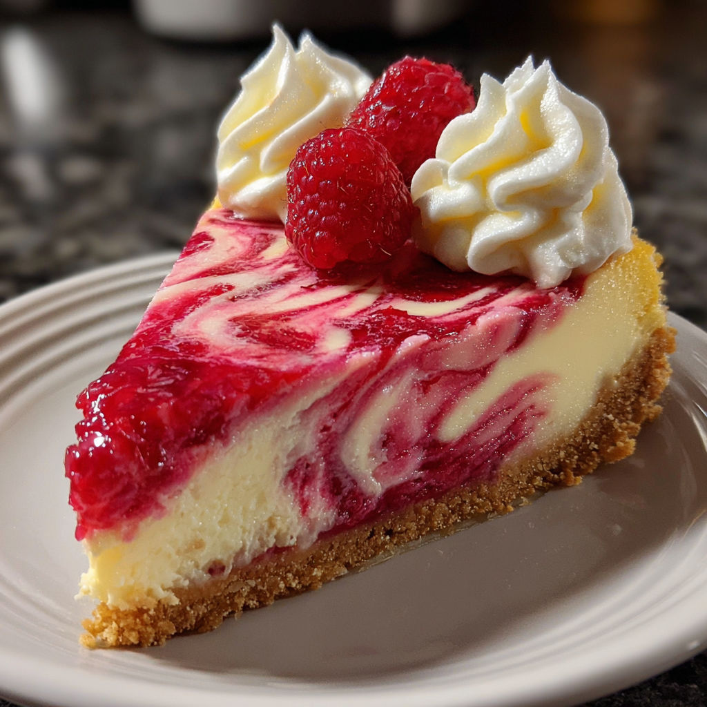 A slice of Raspberry Swirl Cheesecake Bliss is displayed on a white plate.