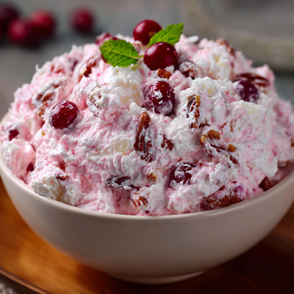 A bowl of pink dessert with a green garnish, possibly a mint leaf, on top.