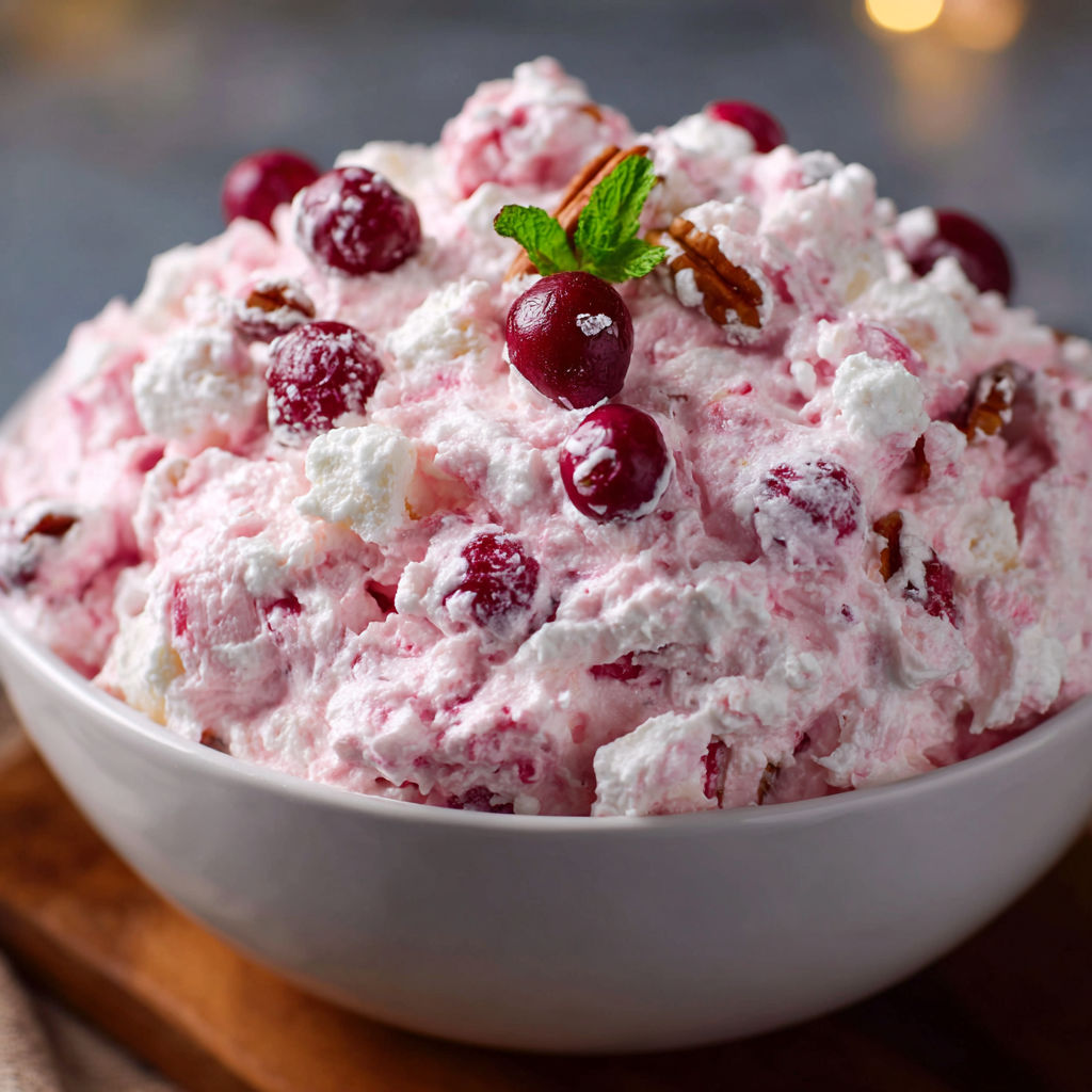 A bowl of pink dessert with white whipped cream and red berries.