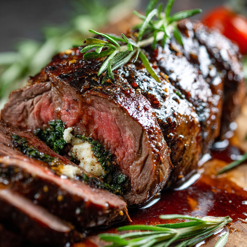 A close-up of a delicious roast beef steak with herbs and cheese, ready to be cooked.