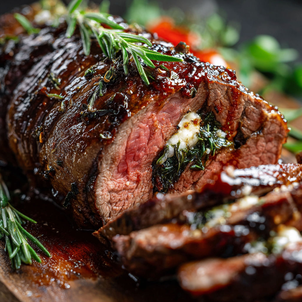 A delicious roast beef dinner with a side of herbs and a drizzle of sauce.